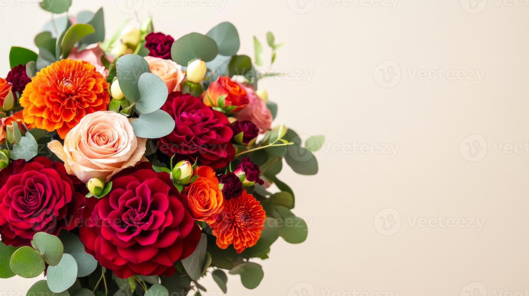 Close up of an elegant autumn bouquet with deep red roses burgundy dahlias and orange marigolds accented with dark green foliage and eucalyptus isolated on a neutral background photo