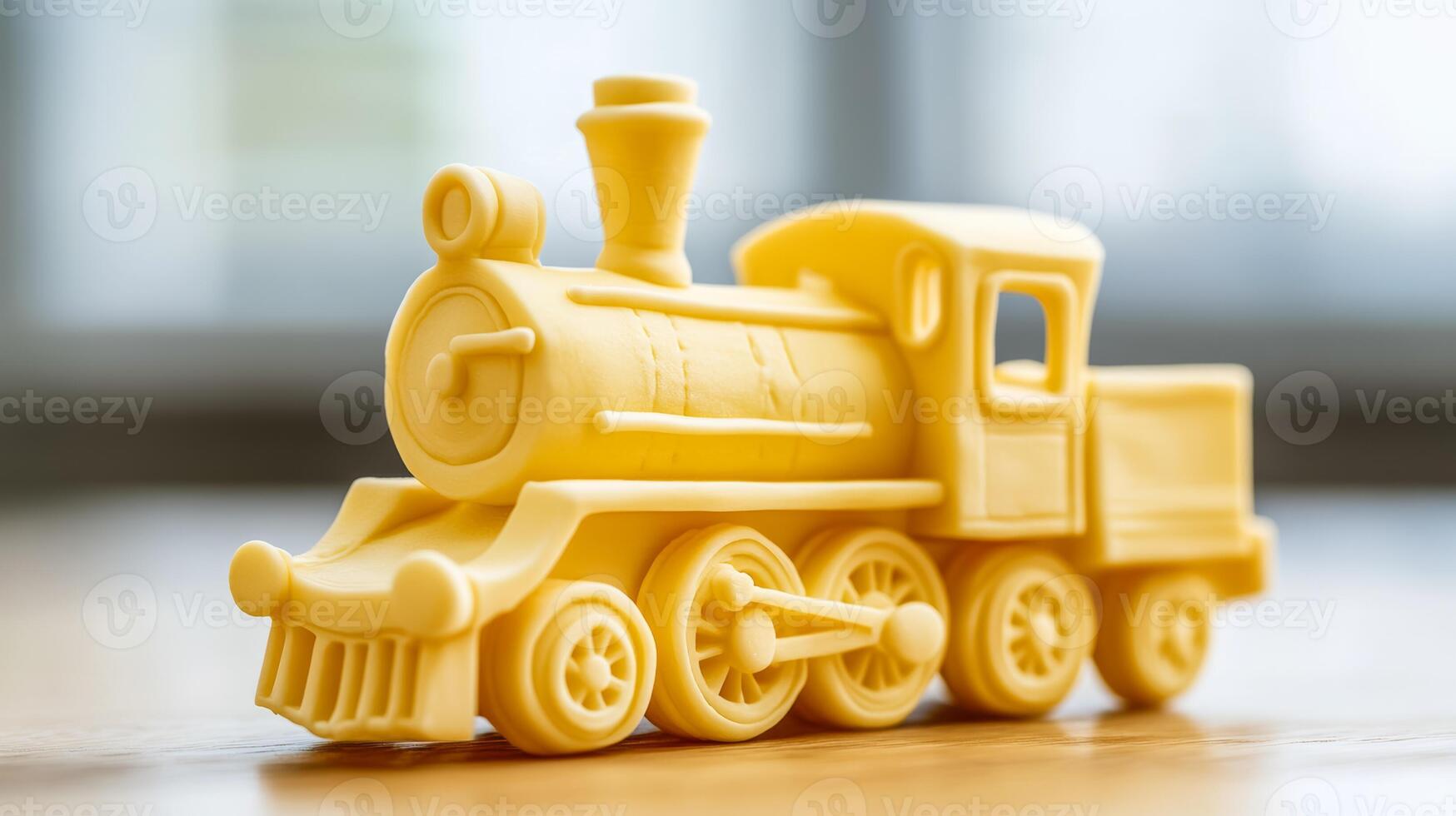 Close up of a whimsical butter sculpture of a vintage train engine complete with wheels and a smokestack placed on a wooden table rich yellow tone textured details photo