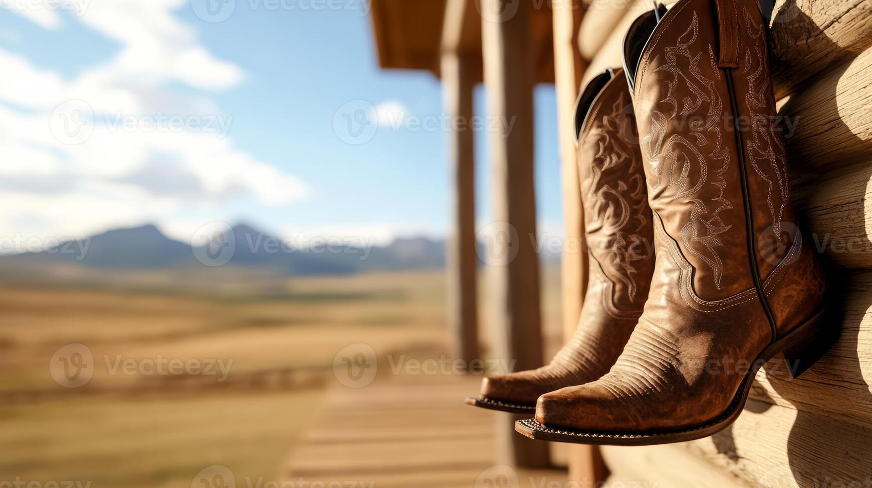 Close up of leather cowboy boots and spurs hanging from a ranch porch with sun bleached wood and distant mountains photo