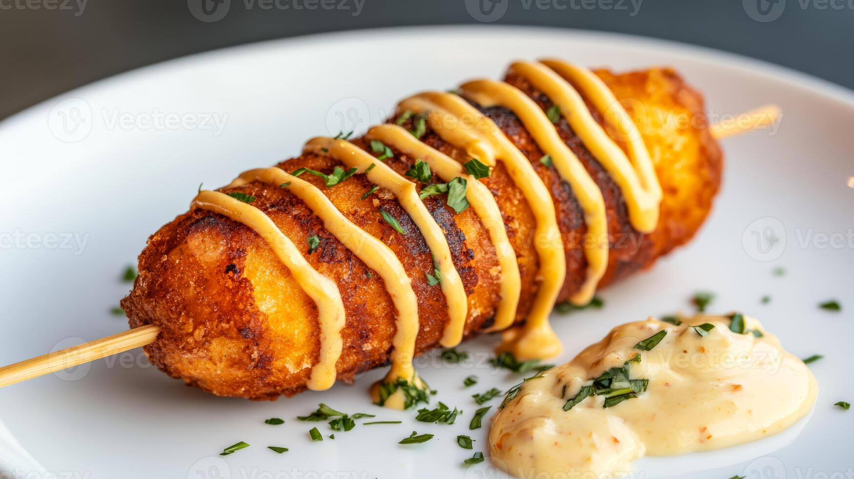 Closeup of a lobster corn dog with a crispy golden brown batter served on a stick with a drizzle of spicy aioli garnished with fresh herbs on a white plate photo