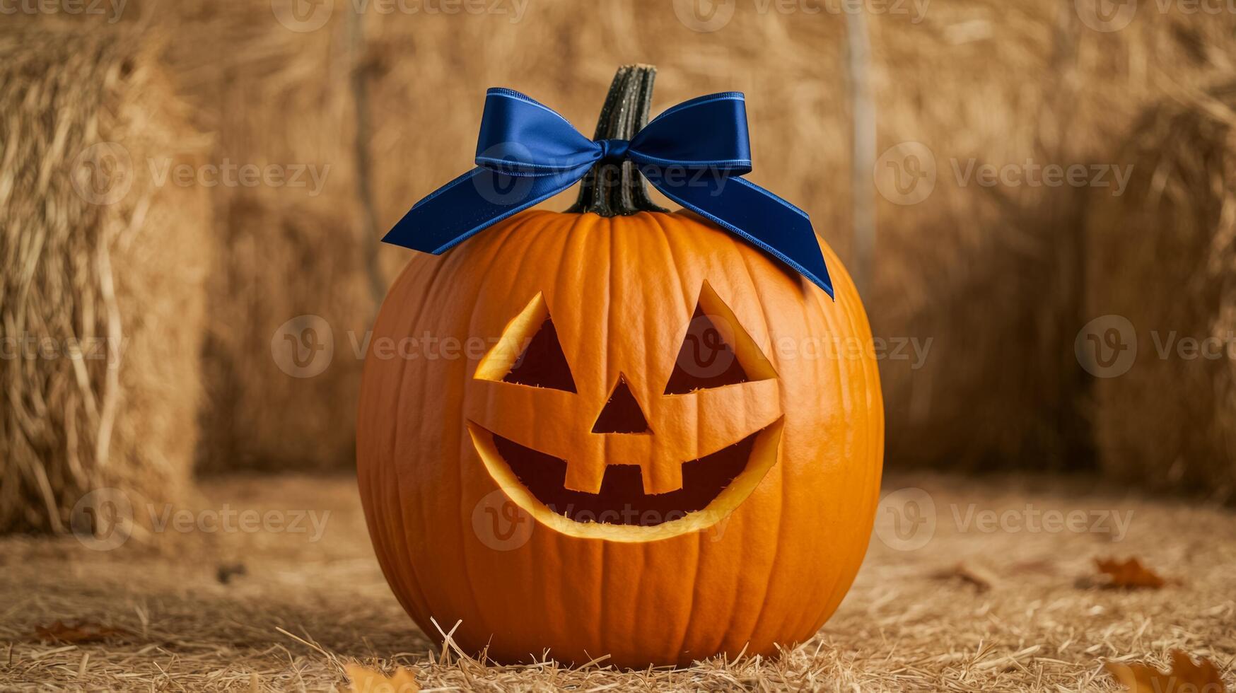 Closeup of a winning pumpkin with a blue ribbon attached featuring an artistic intricate carving set against a backdrop of hay bales and autumn leaves photo