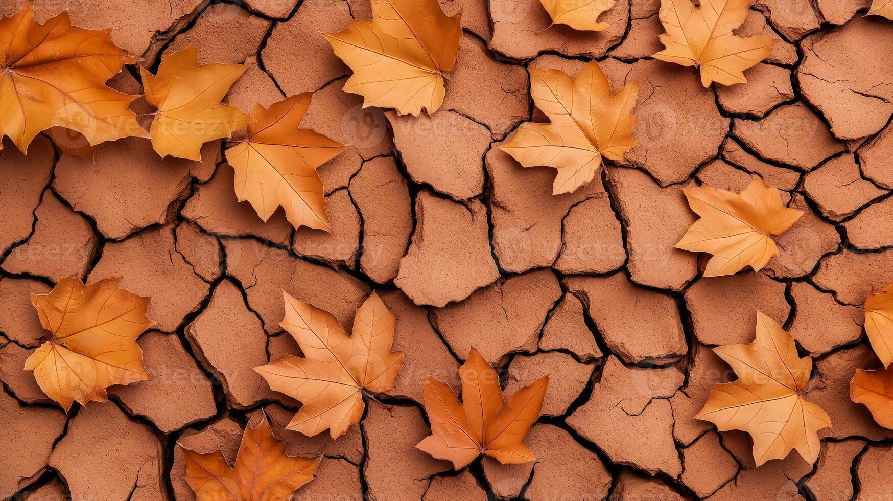 Cracked clay with faint autumn foliage earthy Thanksgiving tones natural and rugged background perfect for rustic fall themes photo