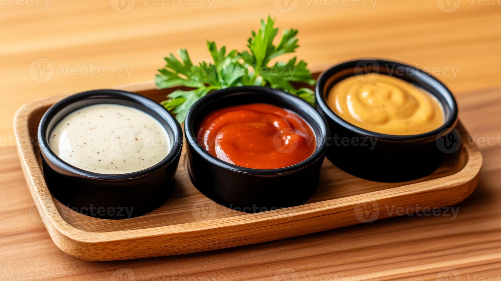 A trio of dipping bowls filled with ranch barbecue and honey mustard sauces arranged neatly on a wooden serving tray photo