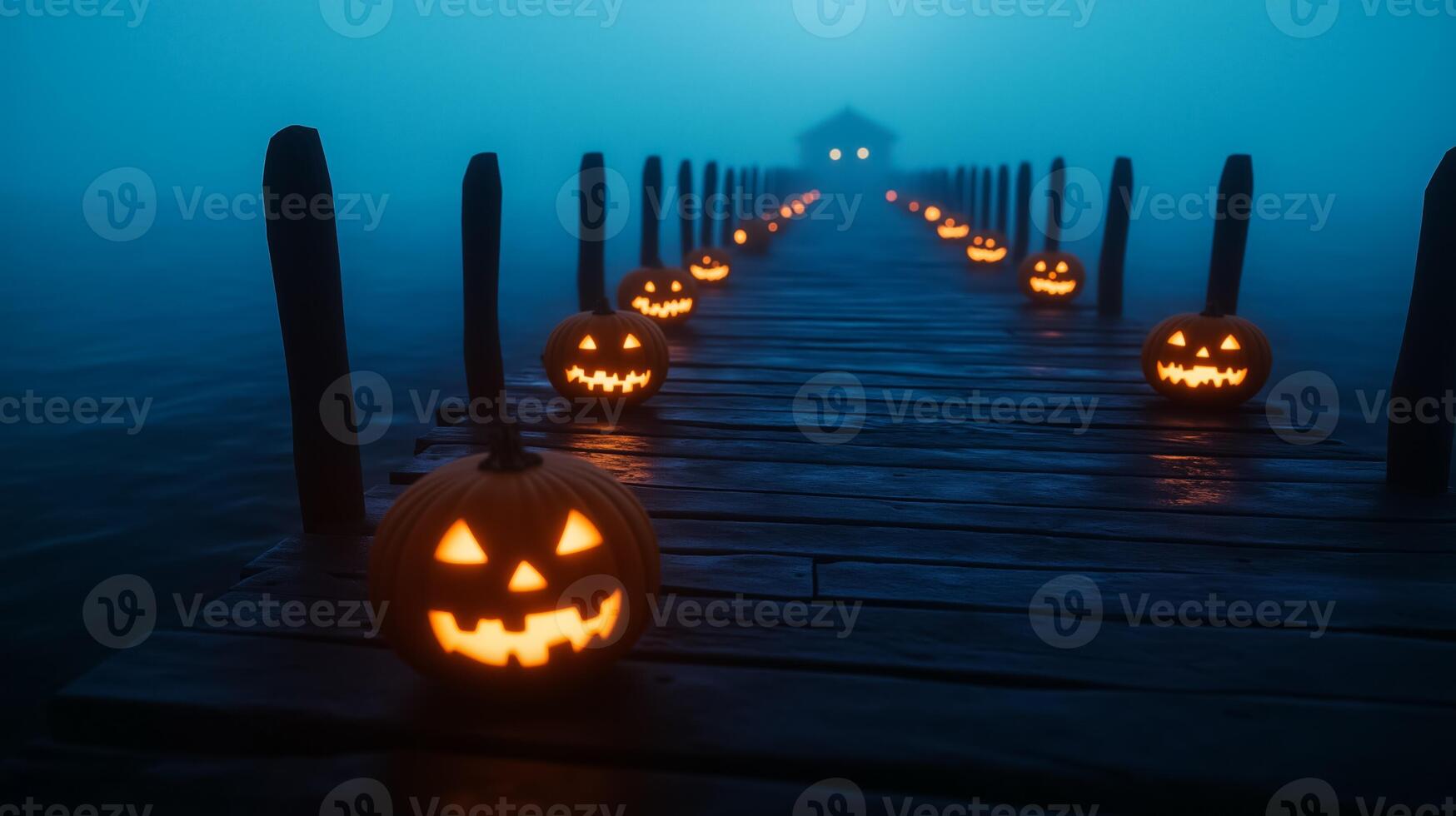 Overhead view of a haunted pier at night with glowing pumpkins floating in the water beneath and ghostly lights hovering above the dark misty surface photo