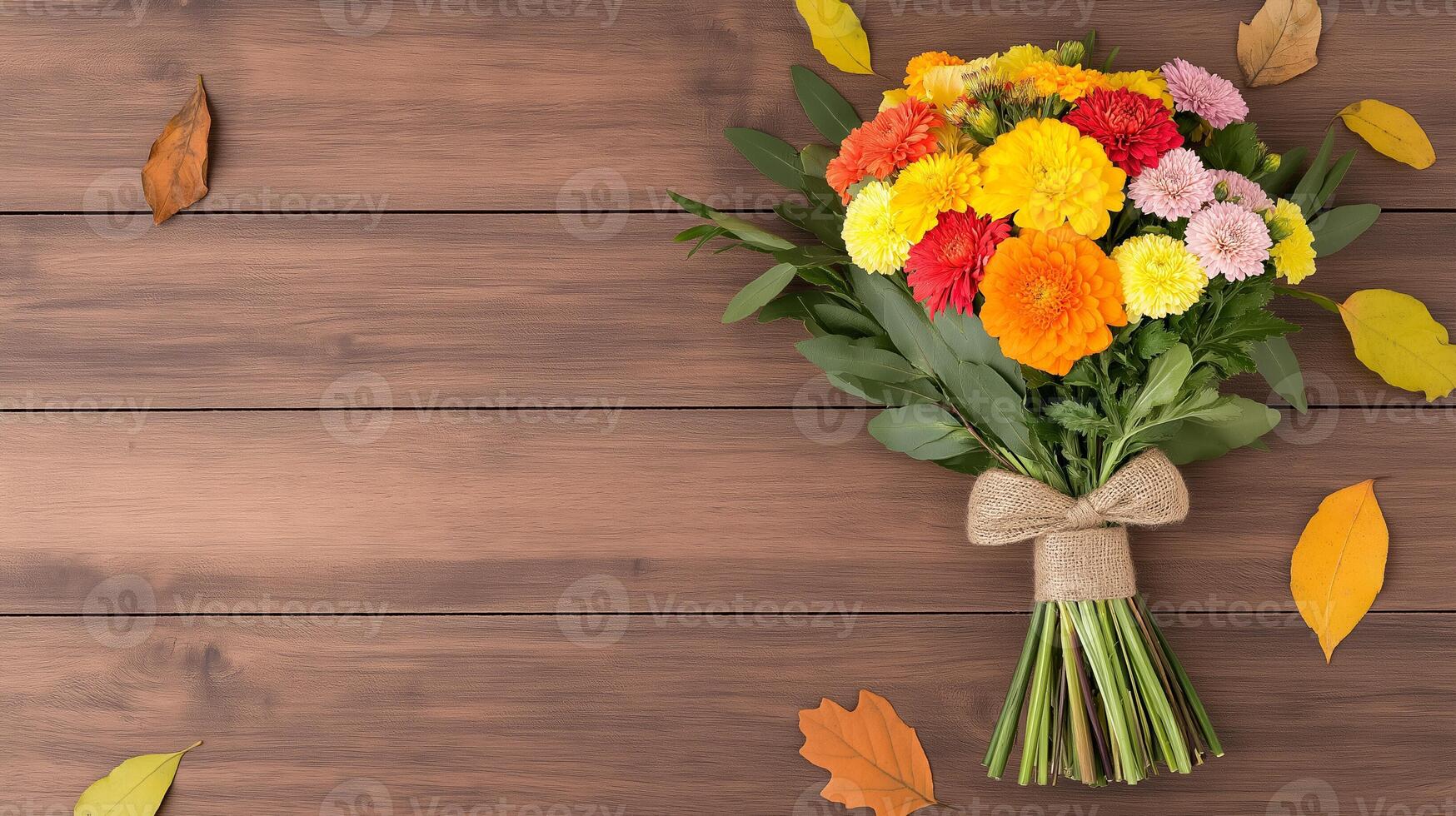 Overhead view of an autumn bouquet with a mix of marigolds asters and goldenrods tied with a burlap ribbon placed on a wooden table with scattered fall leaves around photo