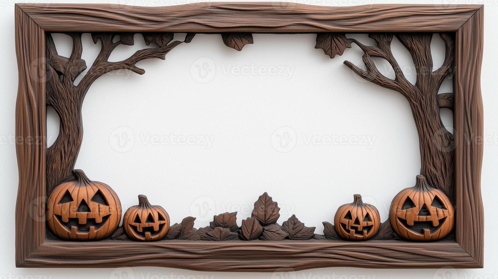 Overhead view of a small rectangular Halloween picture frame with dark intricate carvings of haunted trees and jack o lanterns isolated on a white background photo