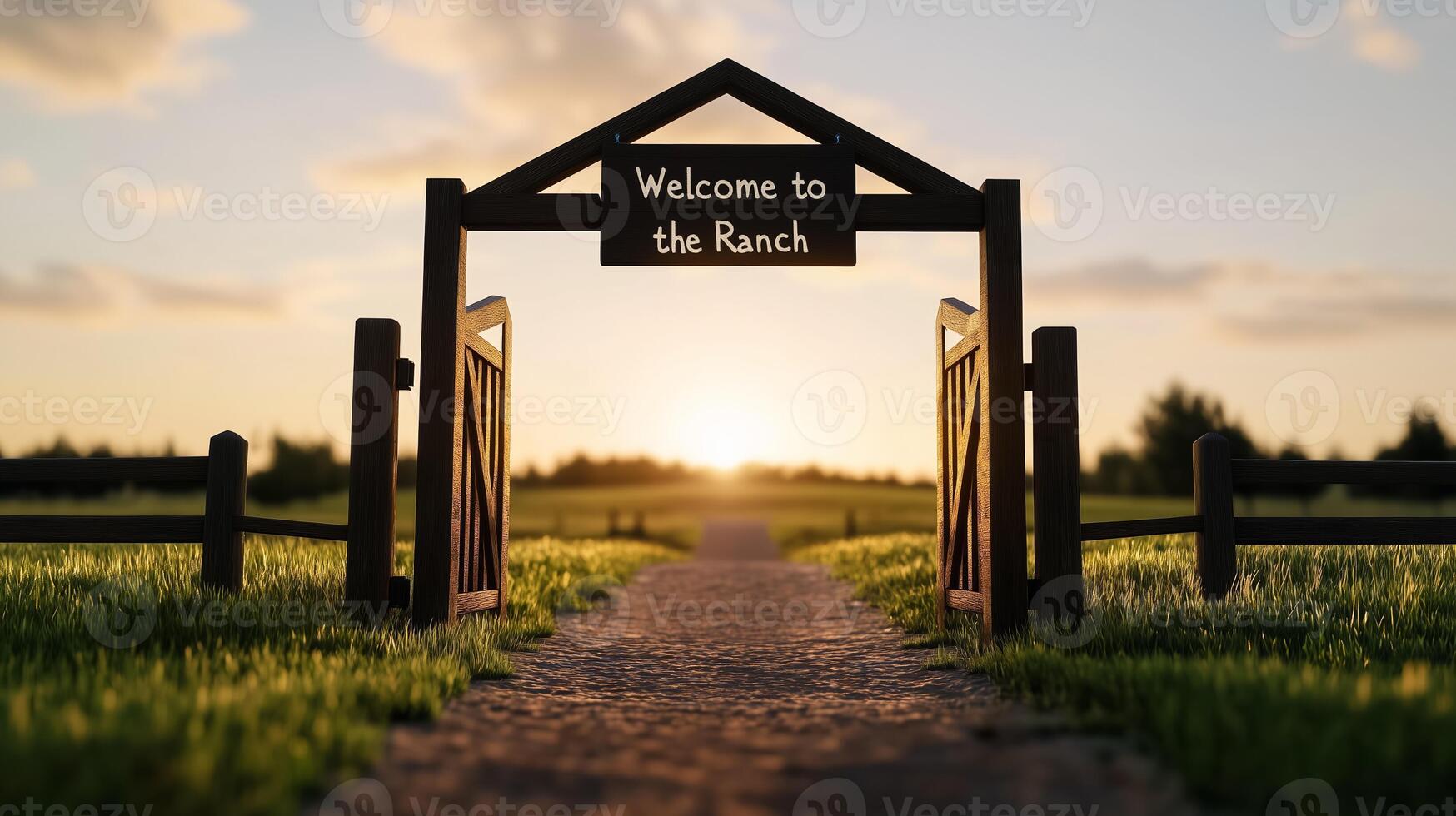 Ranch gate entrance with wooden arches and a swinging sign reading Welcome to the Ranch against a sunrise background photo