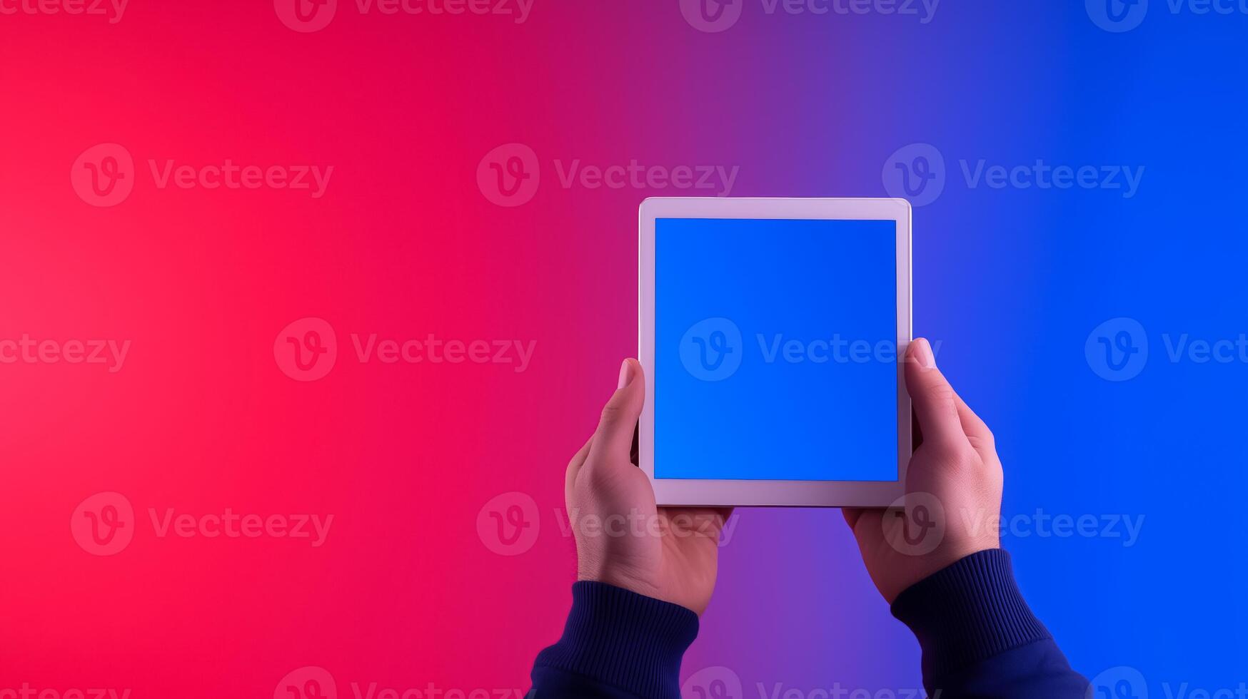 Digital tablet showing 2024 election results gradient background from red to blue hands holding the tablet closeup shot photo