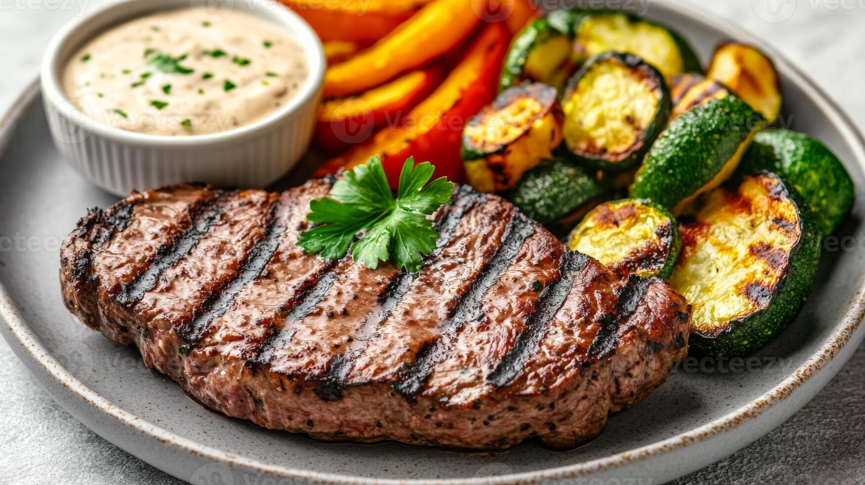 Ranch sauce artfully swirled on a plate beside grilled vegetables and steak with a sprig of parsley on top photo