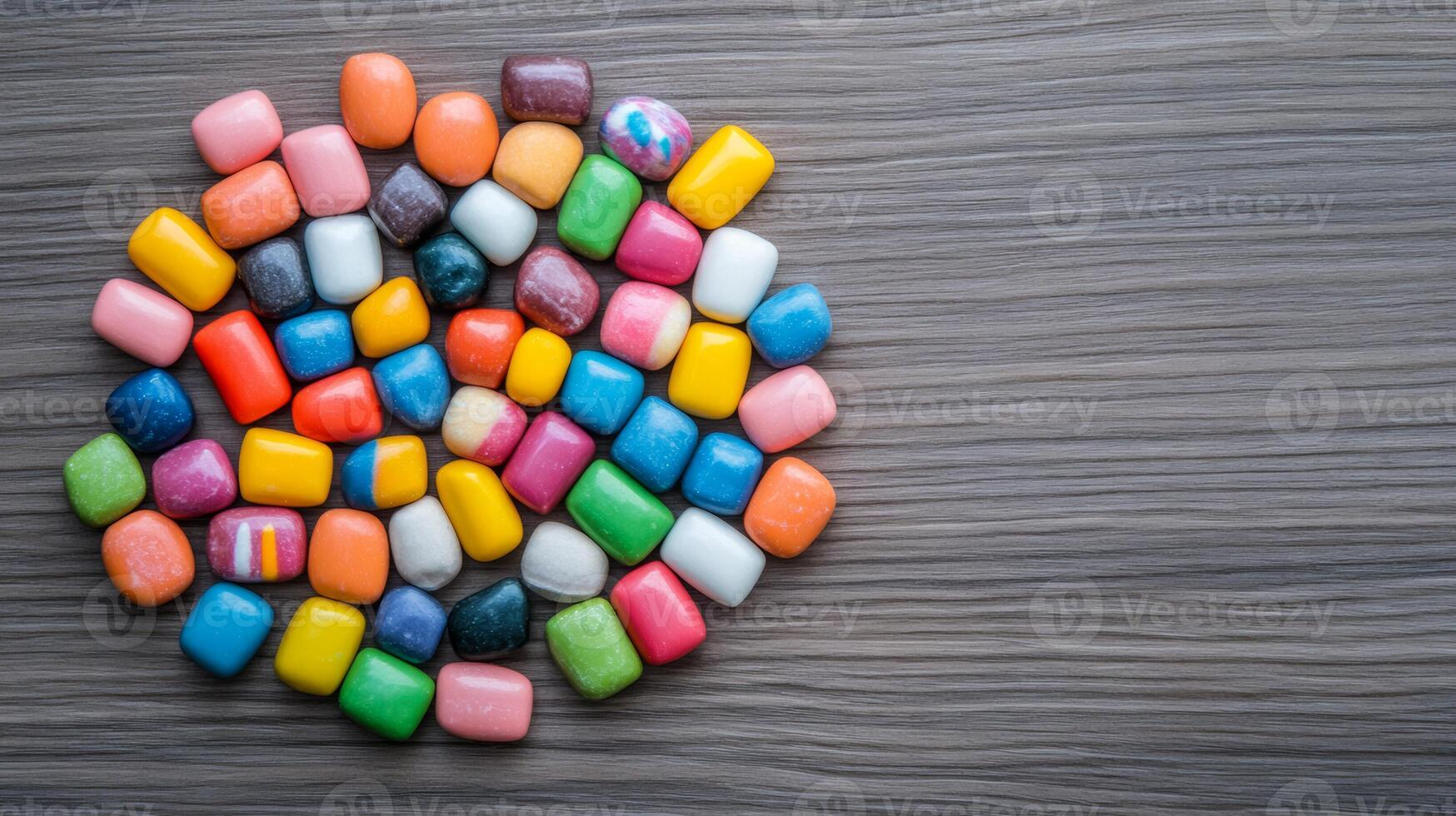 Flat lay of a variety of bubble gum wrappers in retro designs arranged in a circular pattern on a wooden surface photo