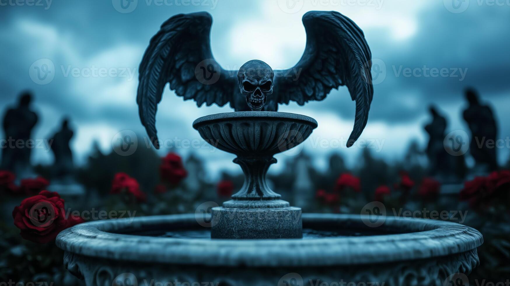 Gothic Halloween garden with a stone gargoyle fountain black roses blooming under an ominous sky shadowy figures lurking in the corners photo