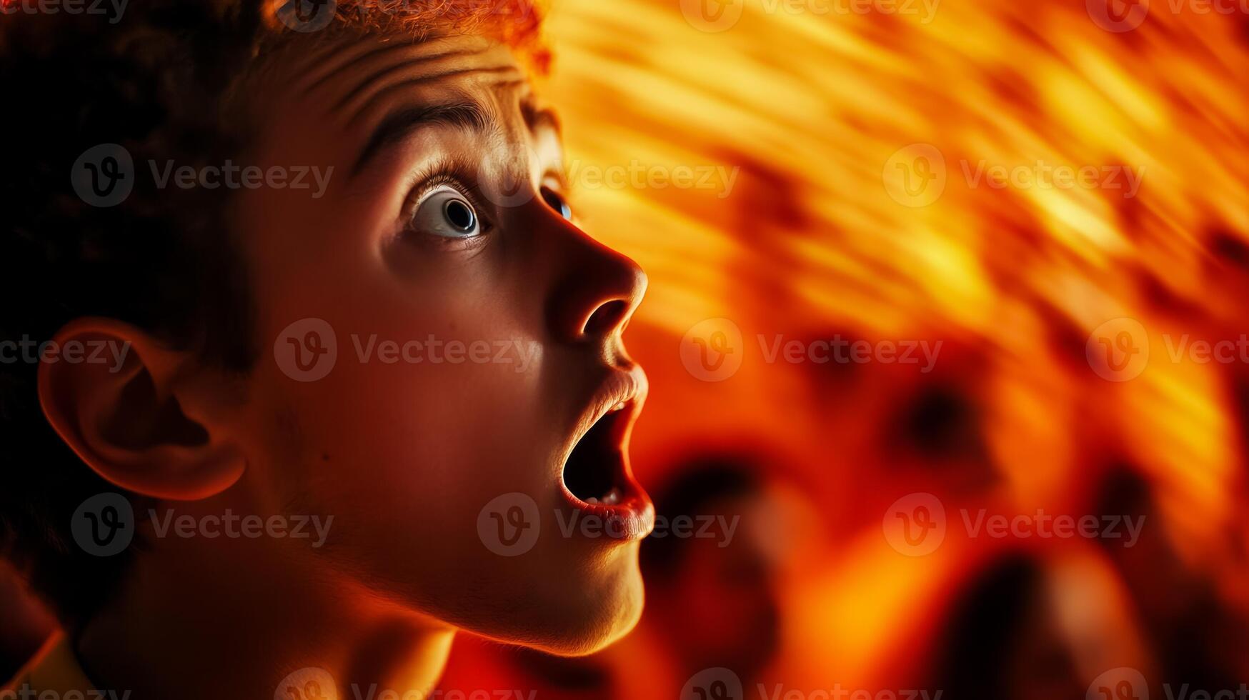 Side profile of a person looking terrified caught in a chaotic crowd with the surrounding people blurred and out of focus photo