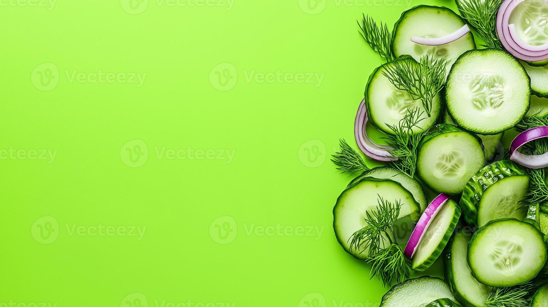 Isolated cucumber salad with diced cucumber red onion and dill on a gradient green background with ample negative space around for text photo