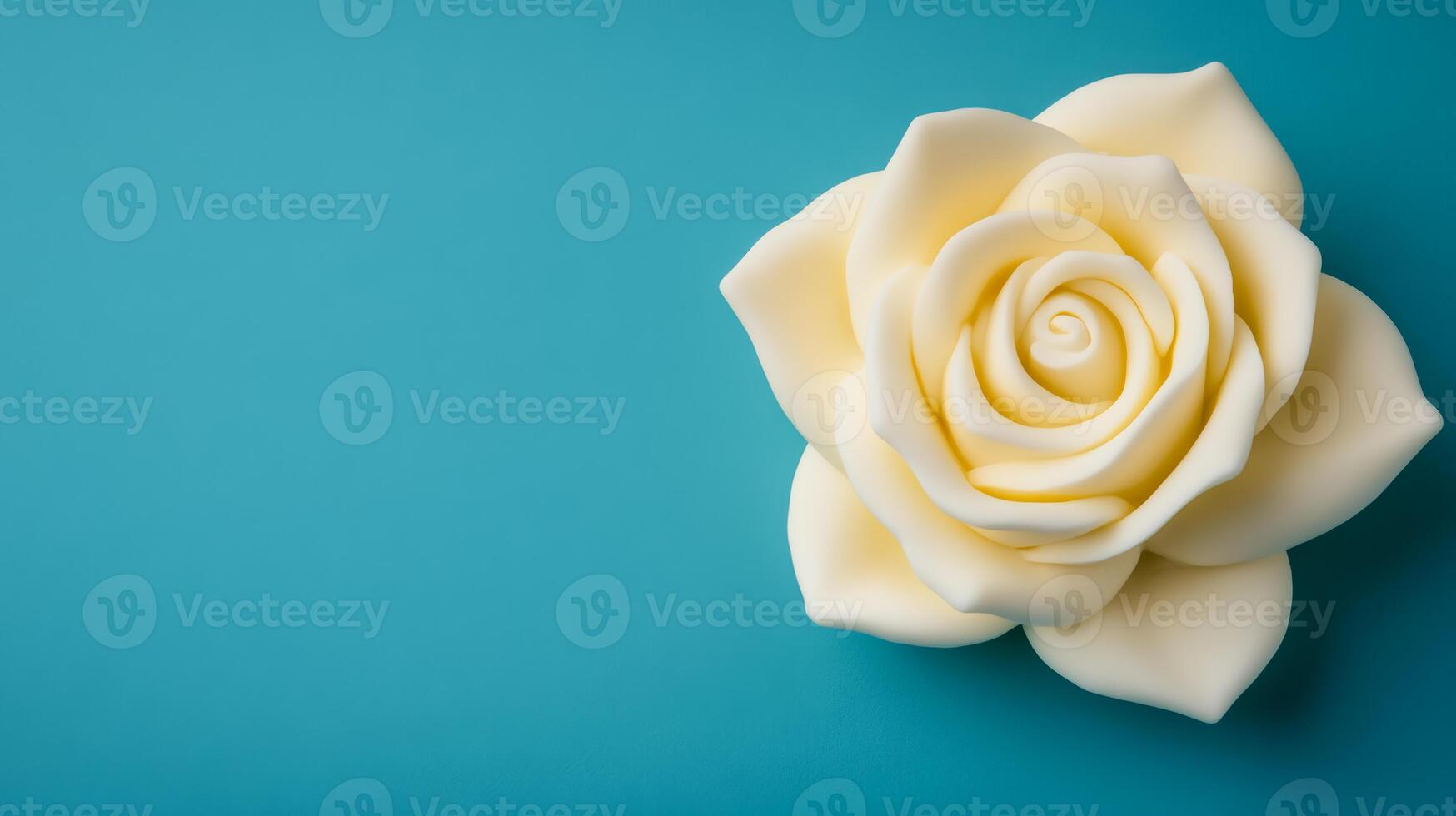 Butter sculpture of a delicate blooming rose with petals layered in a spiral isolated on a pastel blue gradient background soft shadows creamy texture photo