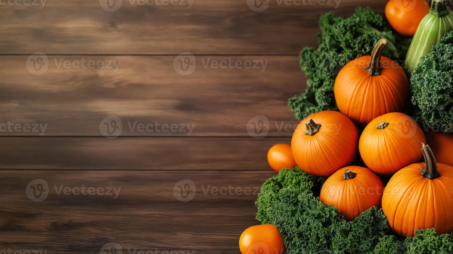 Isolated autumn market stall overflowing with fresh vegetables bright orange pumpkins and deep green kale rustic wooden textures with a soft gradient background photo
