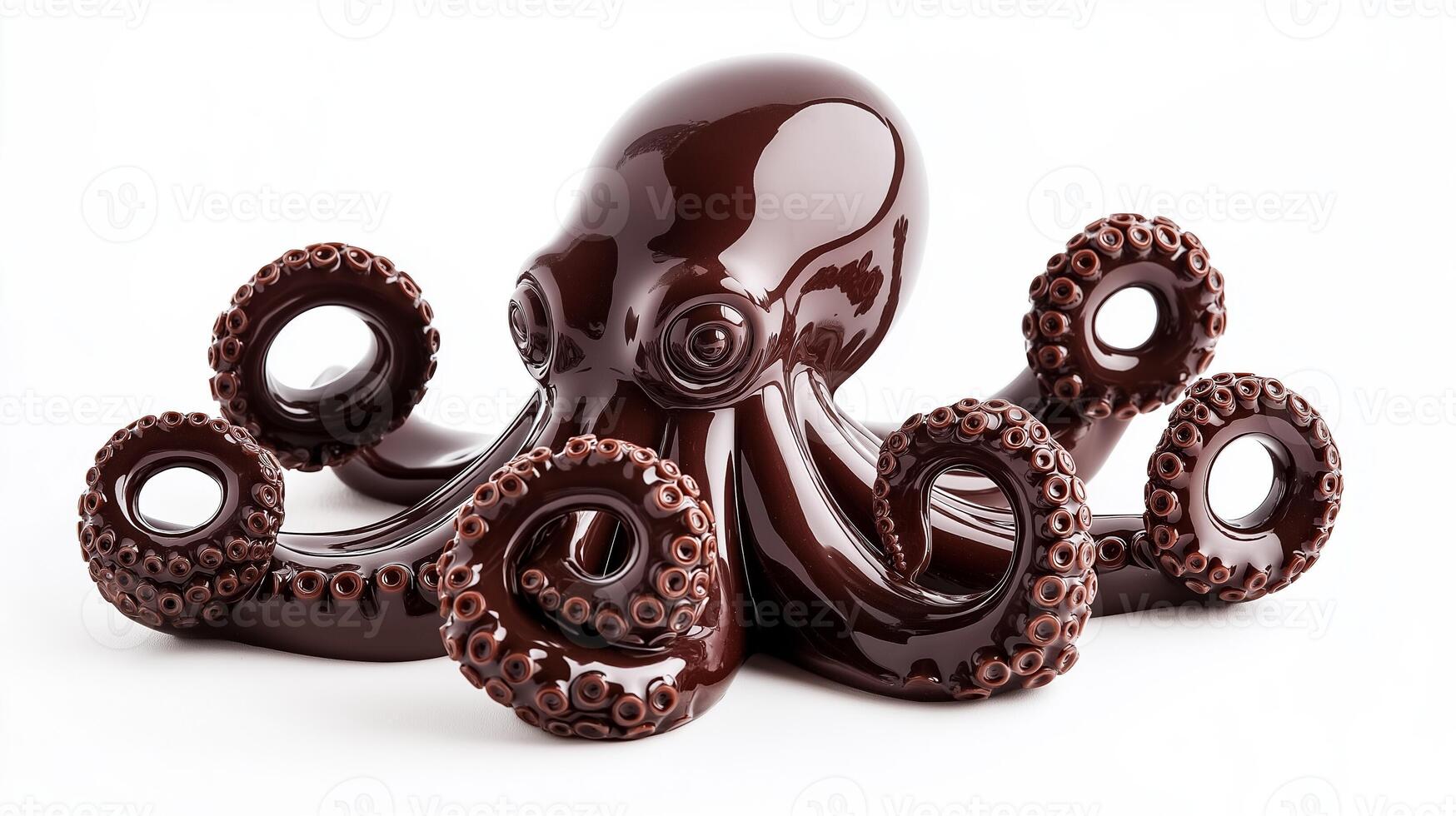 Close up of a chocolate octopus sculpture with intricate details tentacles gracefully curling in a spiral pattern glossy dark chocolate with a subtle sheen isolated on a white background photo