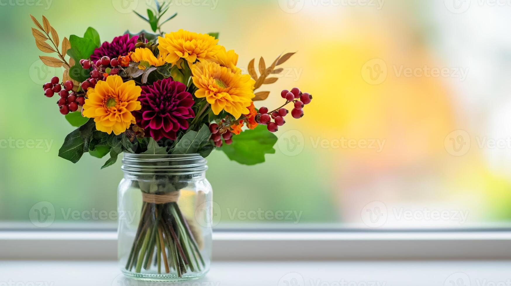 Side view of an autumn bouquet in a glass jar featuring a mix of marigolds goldenrods and burgundy dahlias with dried leaves and berries placed on a windowsill with sunlight streaming in photo