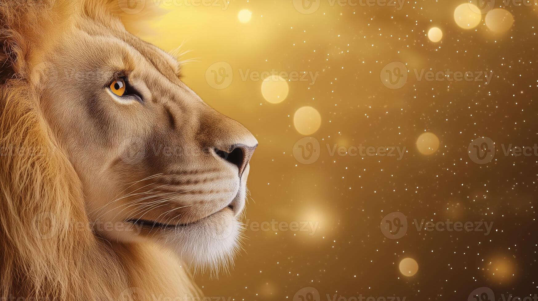 Close up of a lions profile with the Lions Gate portal reflected in its eye cosmic energy swirling around and the stars of Leo constellation faintly glowing in the background photo