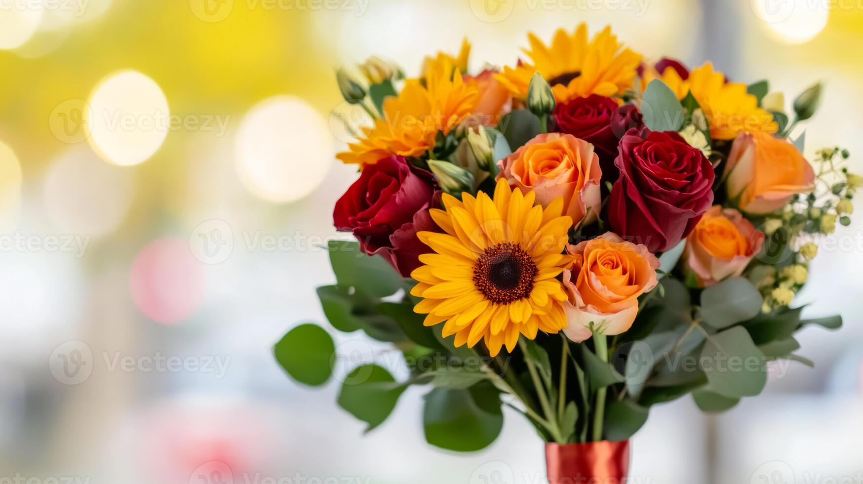 Close up of a vibrant autumn bouquet with burnt orange chrysanthemums deep red roses and yellow sunflowers tied with a ribbon against a soft blurred background of fall foliage photo