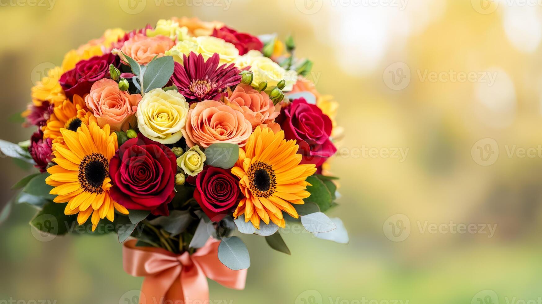 Close up of a vibrant autumn bouquet with burnt orange chrysanthemums deep red roses and yellow sunflowers tied with a ribbon against a soft blurred background of fall foliage photo
