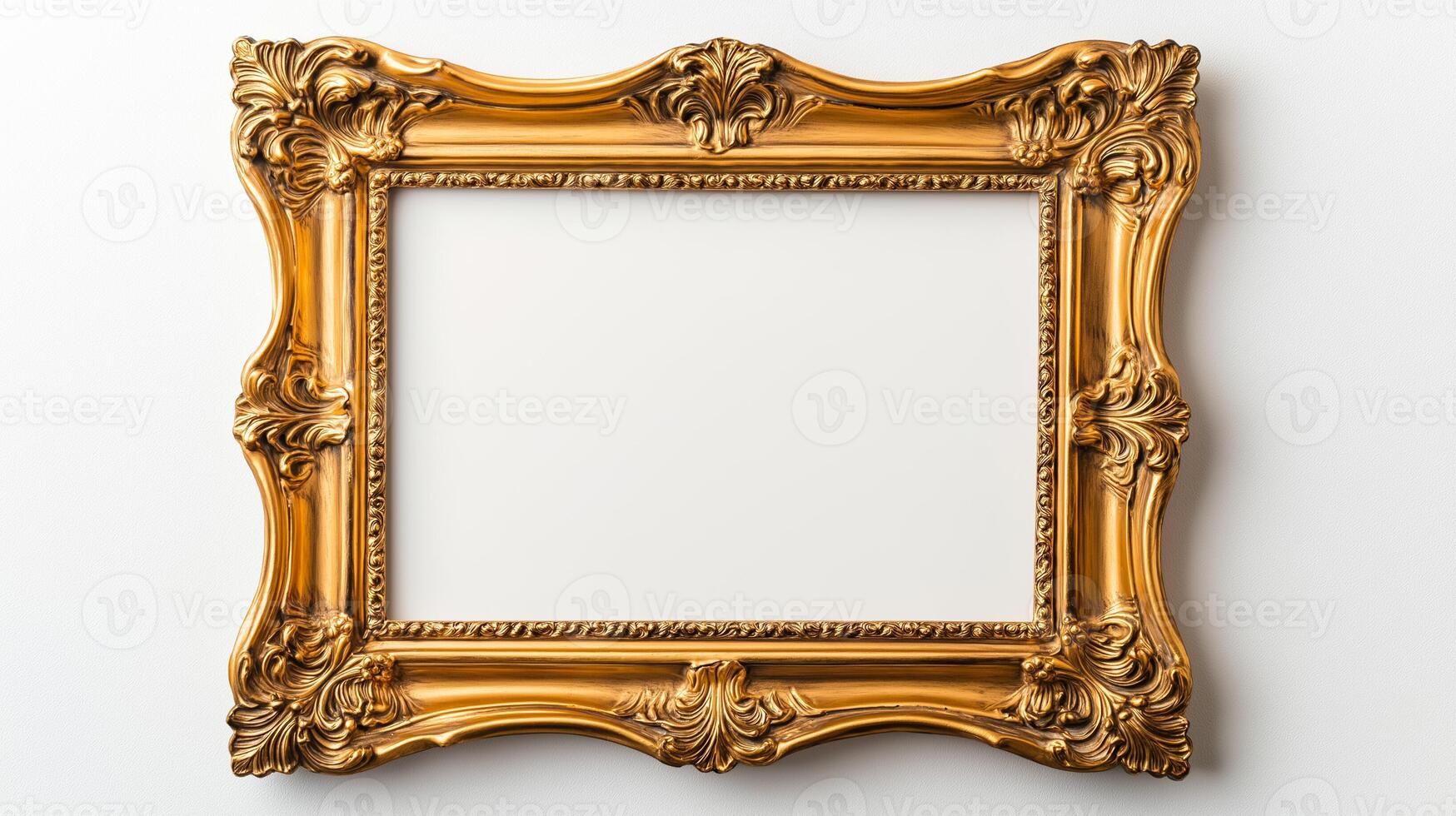 Close up of an antique ornate picture frame with intricate gold detailing and floral patterns isolated on a white background with soft shadows empty space in the center photo