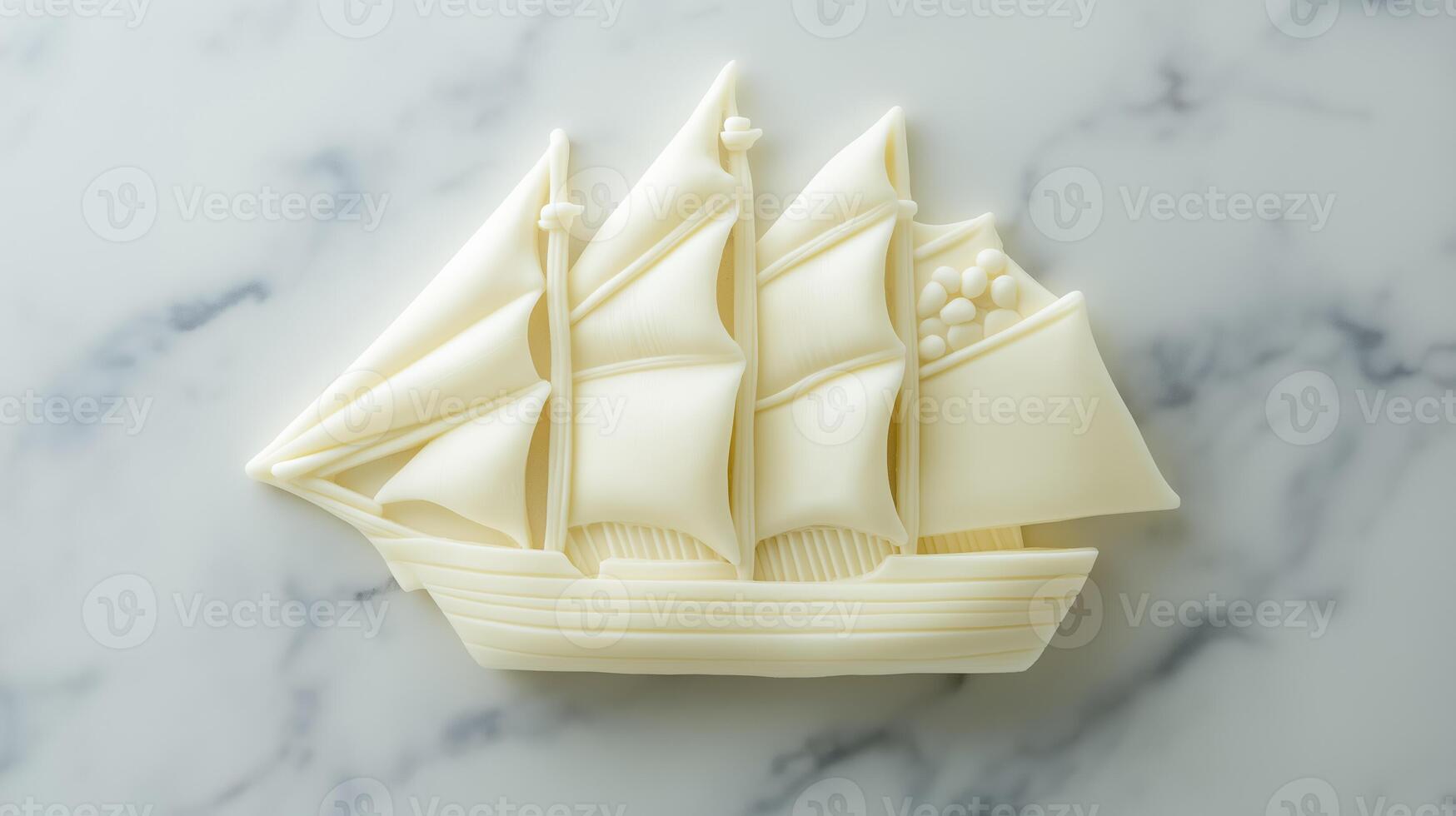 Overhead shot of a butter sculpture of a classic sailing ship with detailed sails and rigging placed on a marble slab warm light smooth creamy texture photo