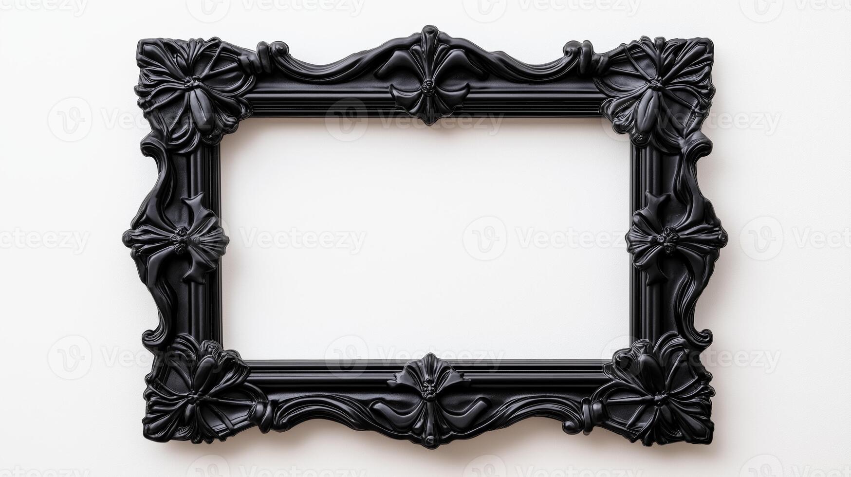 Overhead view of a Halloween style picture frame with ornate black gothic designs featuring spider webs and bat motifs isolated on a white background with soft shadows photo