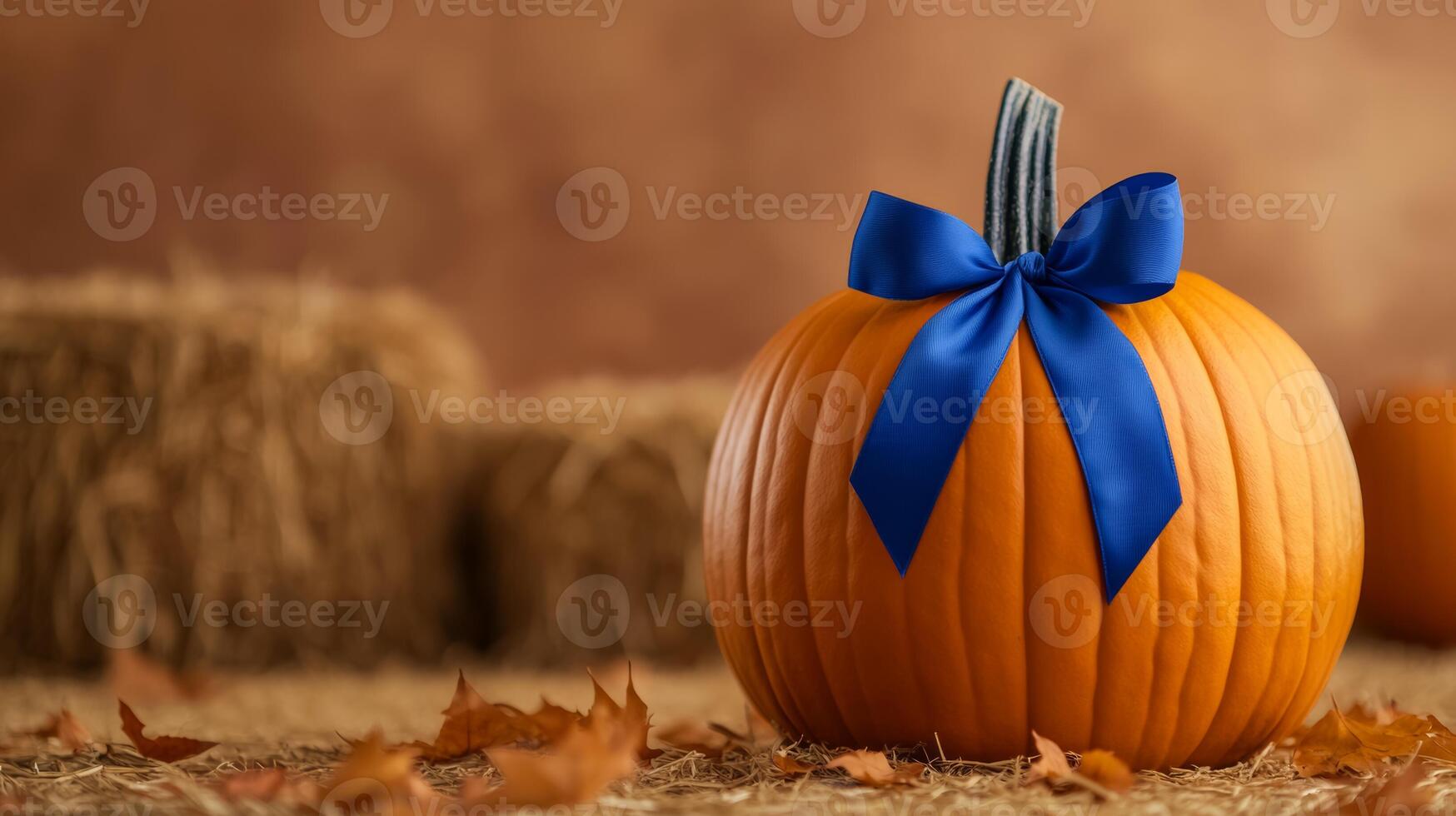 Closeup of a winning pumpkin with a blue ribbon attached featuring an artistic intricate carving set against a backdrop of hay bales and autumn leaves photo
