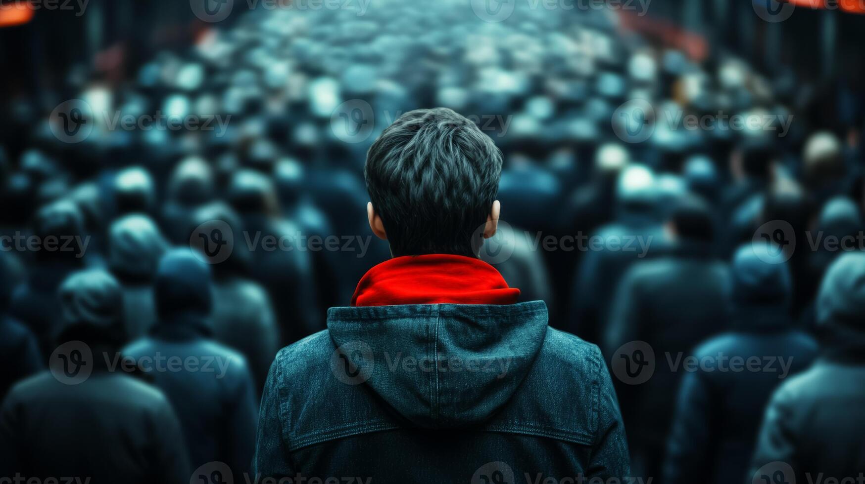 Rear view of a person trying to escape a dense crowd their body language tense and fearful crowd blurred for a sense of urgency photo