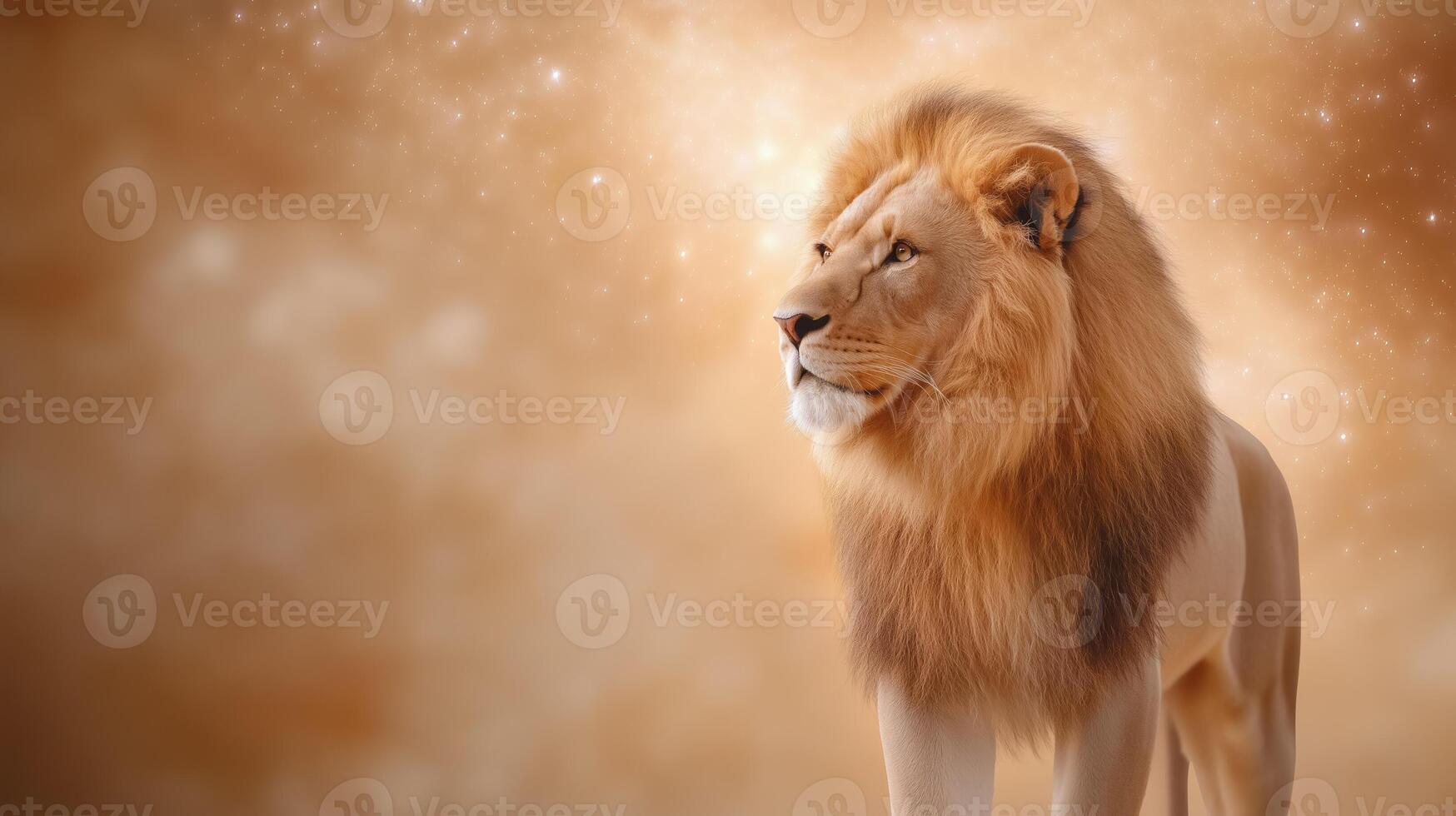 Side view of a lion walking through a shimmering portal with cosmic light patterns and starry constellations visible through the gateway representing the Lions Gate portal photo
