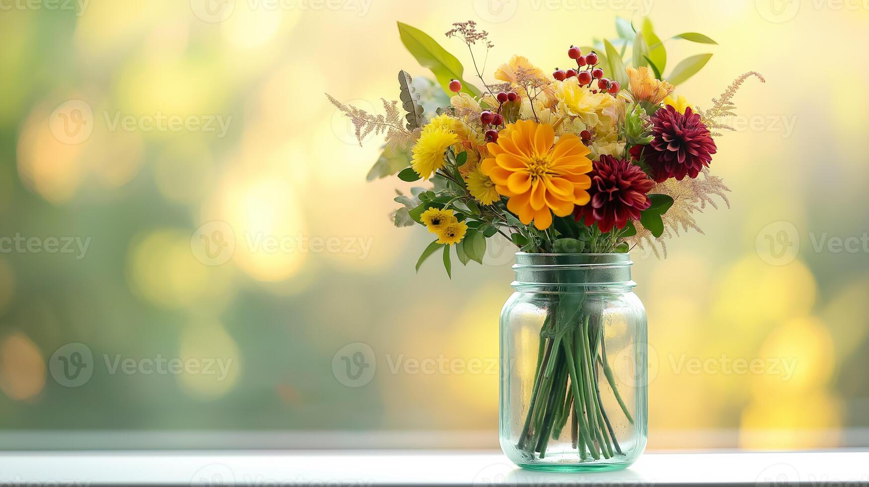 Side view of an autumn bouquet in a glass jar featuring a mix of marigolds goldenrods and burgundy dahlias with dried leaves and berries placed on a windowsill with sunlight streaming in photo