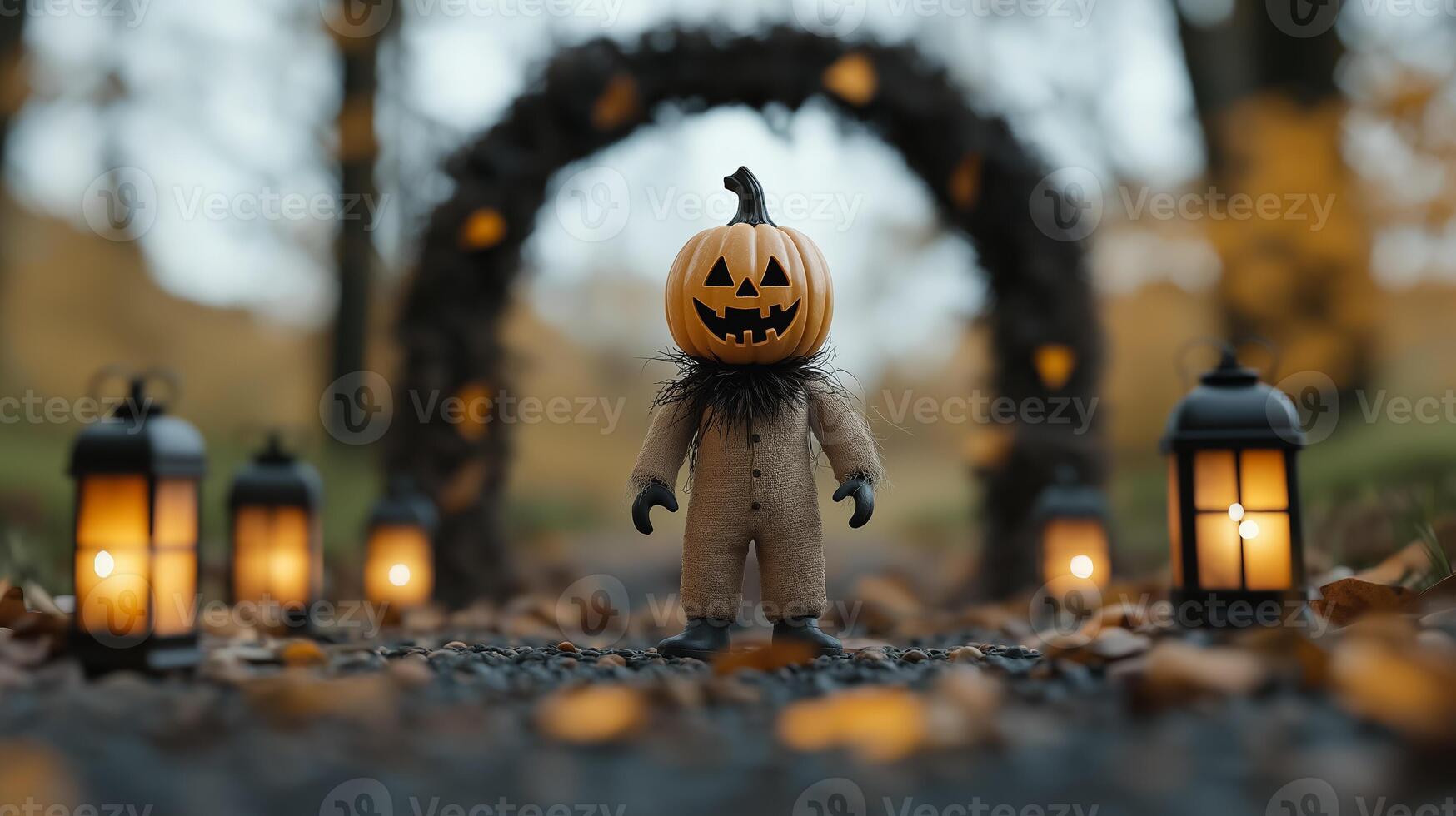 Eerie Halloween garden archway covered in cobwebs lanterns flickering dimly dead leaves scattered around with a creepy scarecrow standing guard photo