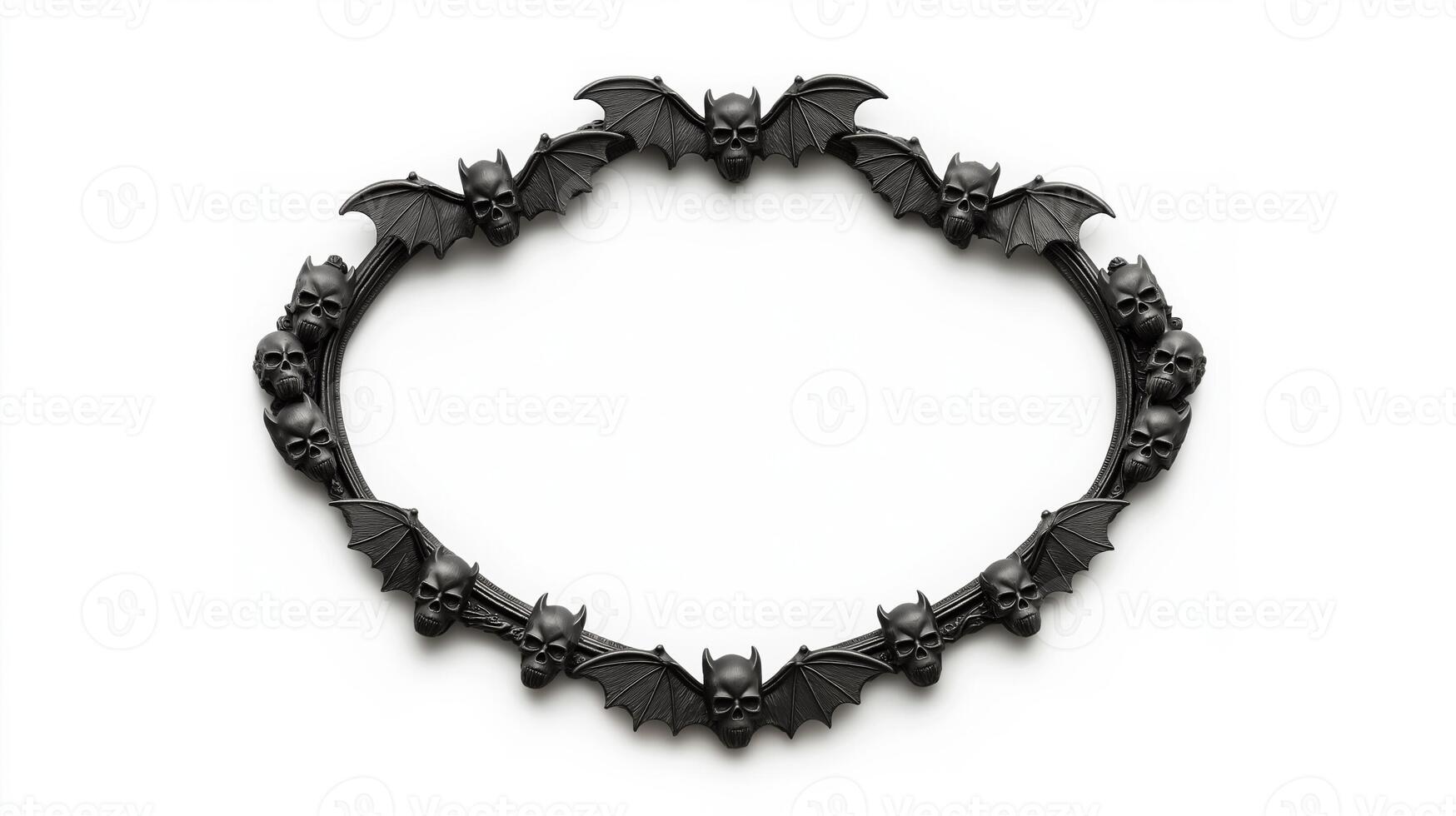 Top view of a circular Halloween frame with gothic inspired bat wings and skulls around the edges finished in dark distressed metal isolated on a white background photo