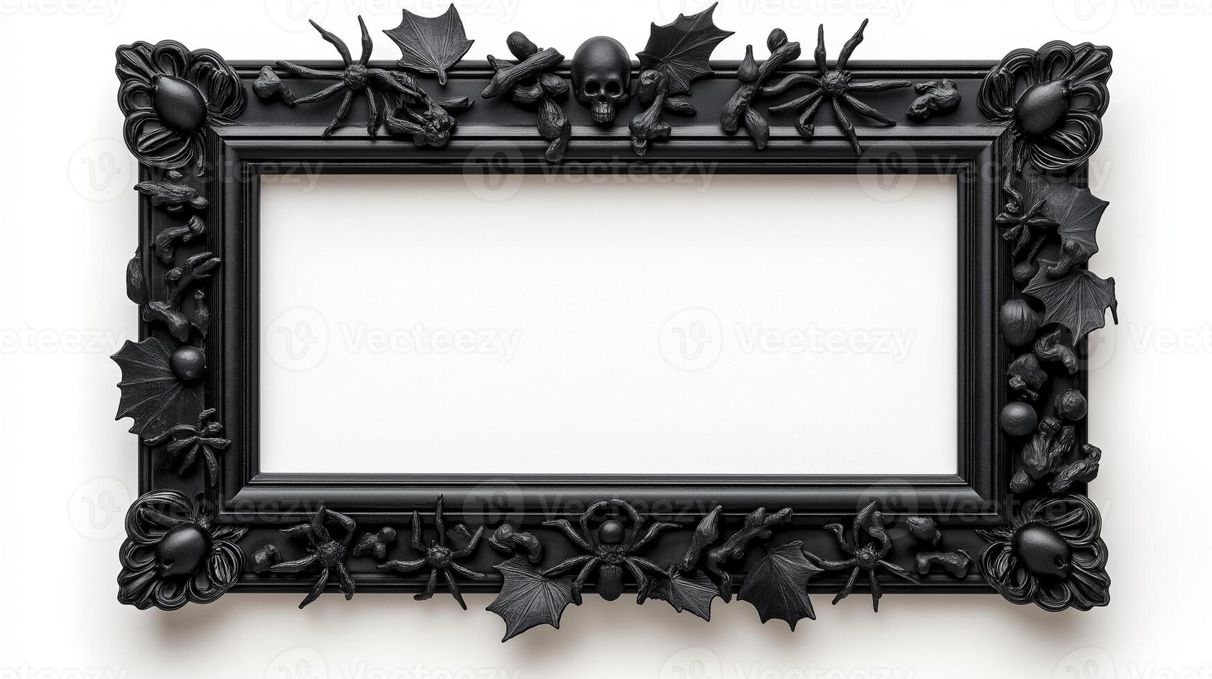 Top view of a rectangular picture frame with creepy Halloween decorations like spiders bats and cracked bones designed in a distressed black finish isolated on white background photo