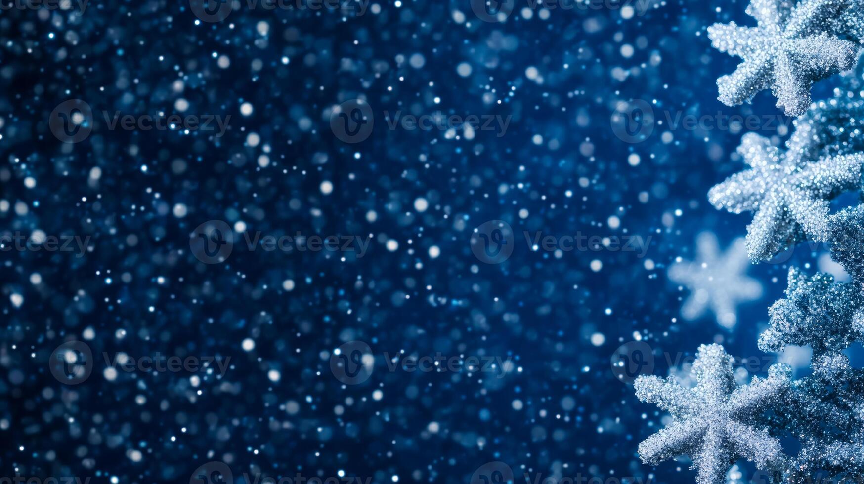 Midnight blue background snowflakes gently falling frosty Christmas night glowing stars festive winter atmosphere perfect for holiday wishes blank space on the right photo