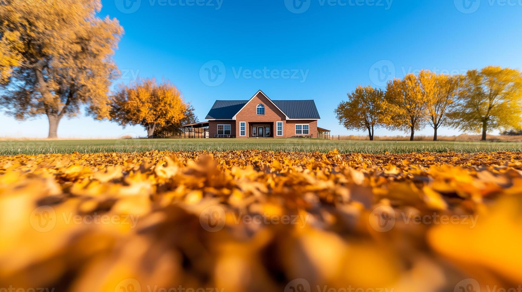 Wide angle shot of a ranch house surrounded by autumn trees with golden leaves scattered on the ground under a clear blue sky photo