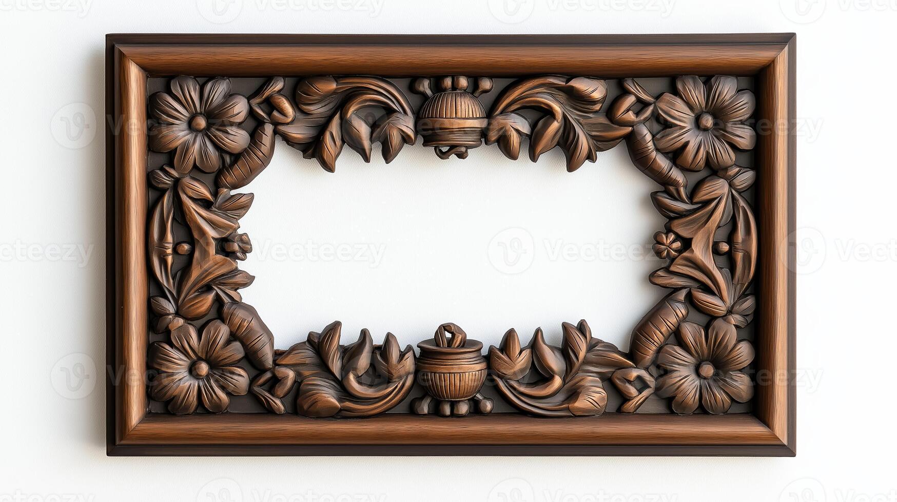 Top down shot of a rectangular Halloween style frame with intricate carvings of witches cauldrons and black cats in a dark vintage finish isolated on a white background photo
