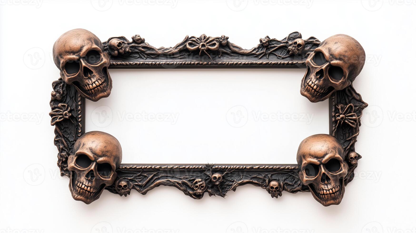 Top down view of a spooky Halloween picture frame with detailed skulls cobwebs and ghostly faces in a dark bronze finish isolated on a white background photo
