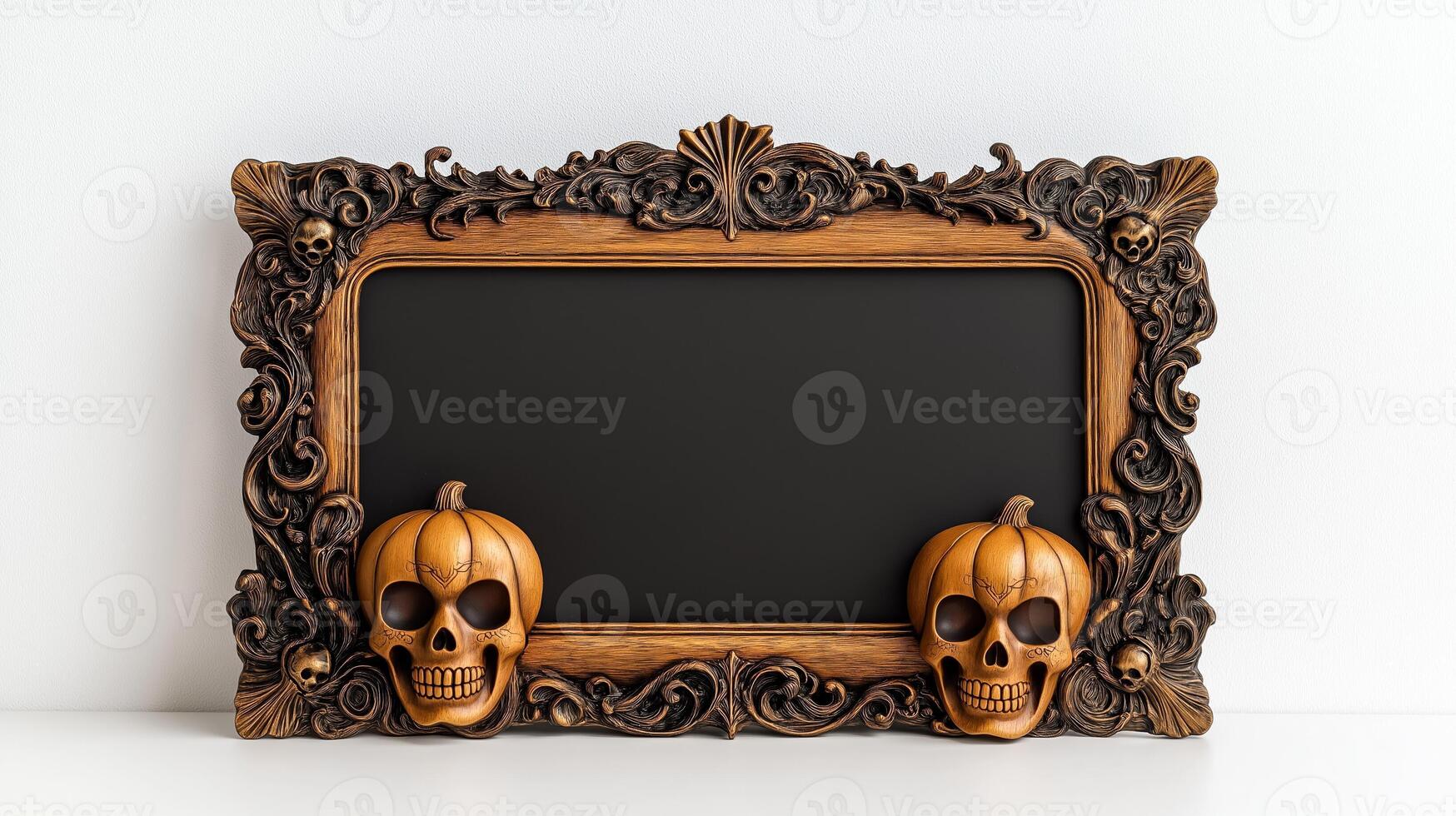 Top down shot of a vintage Halloween picture frame with intricate dark carvings of pumpkins and skulls surrounded by twisted vines isolated on a white background photo