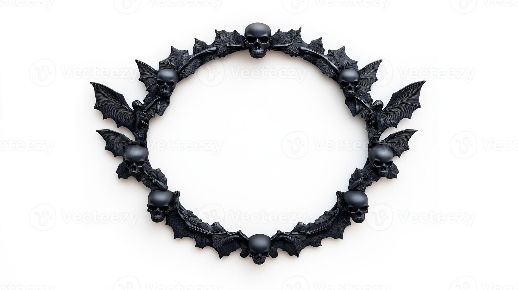 Top view of a circular Halloween frame with gothic inspired bat wings and skulls around the edges finished in dark distressed metal isolated on a white background photo