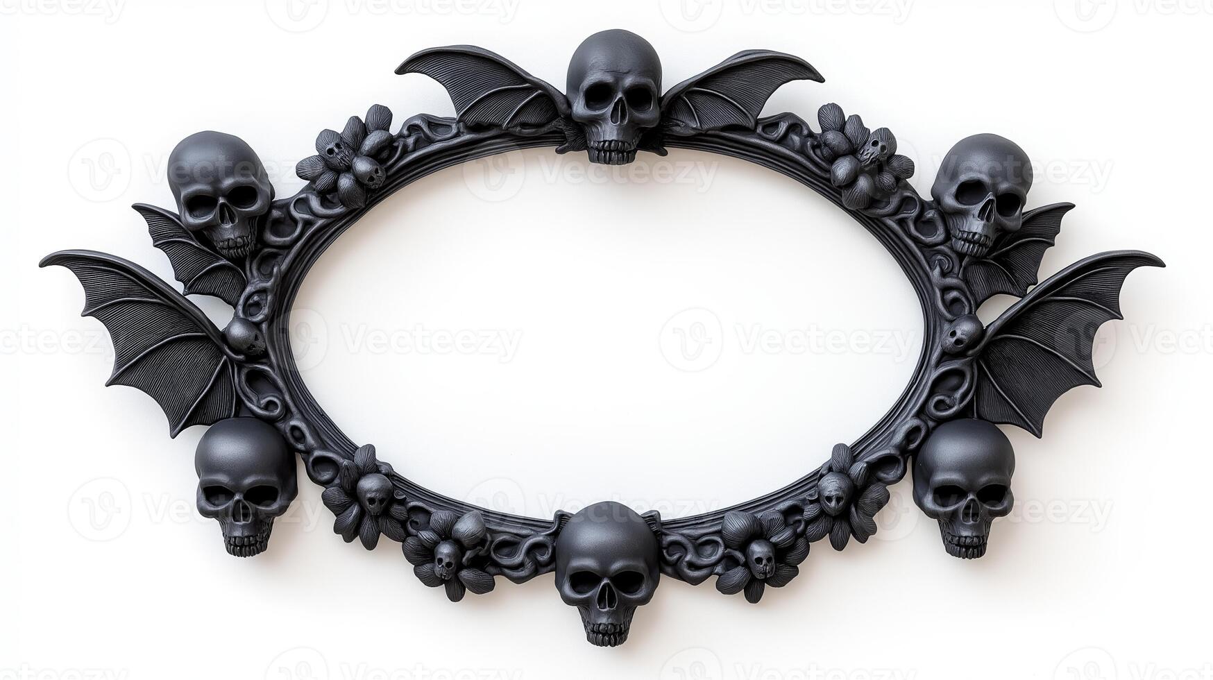 Top view of a circular Halloween frame with gothic inspired bat wings and skulls around the edges finished in dark distressed metal isolated on a white background photo