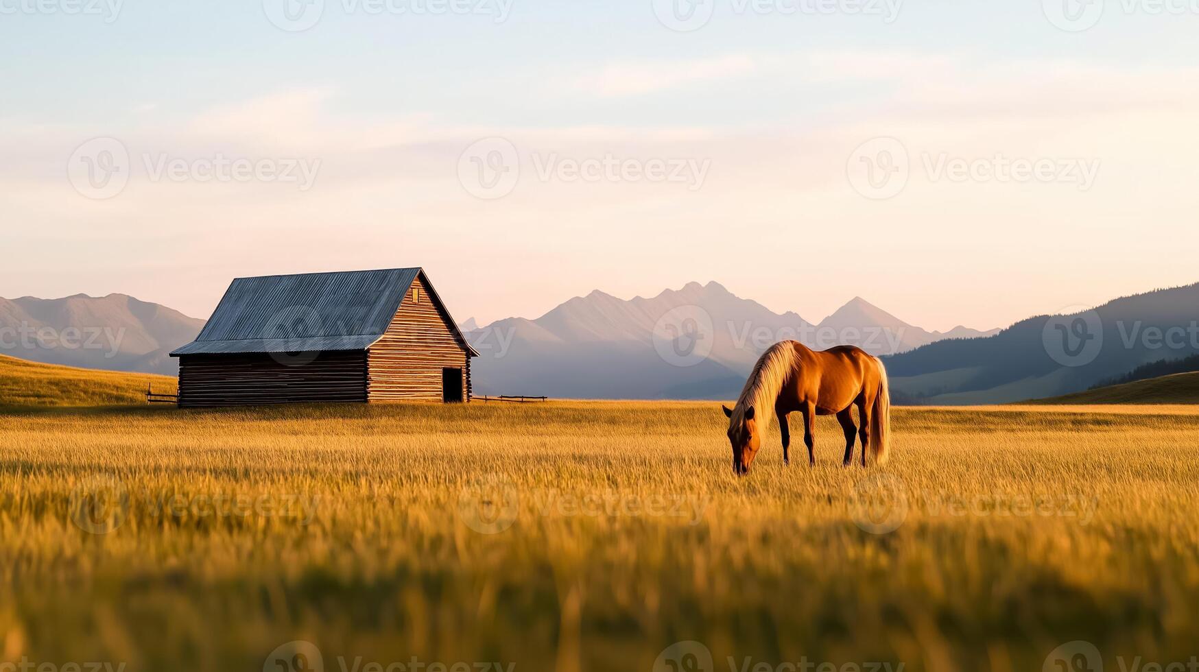 A horse grazing peacefully in a ranch field with a wooden barn and mountains in the distance warm morning light photo