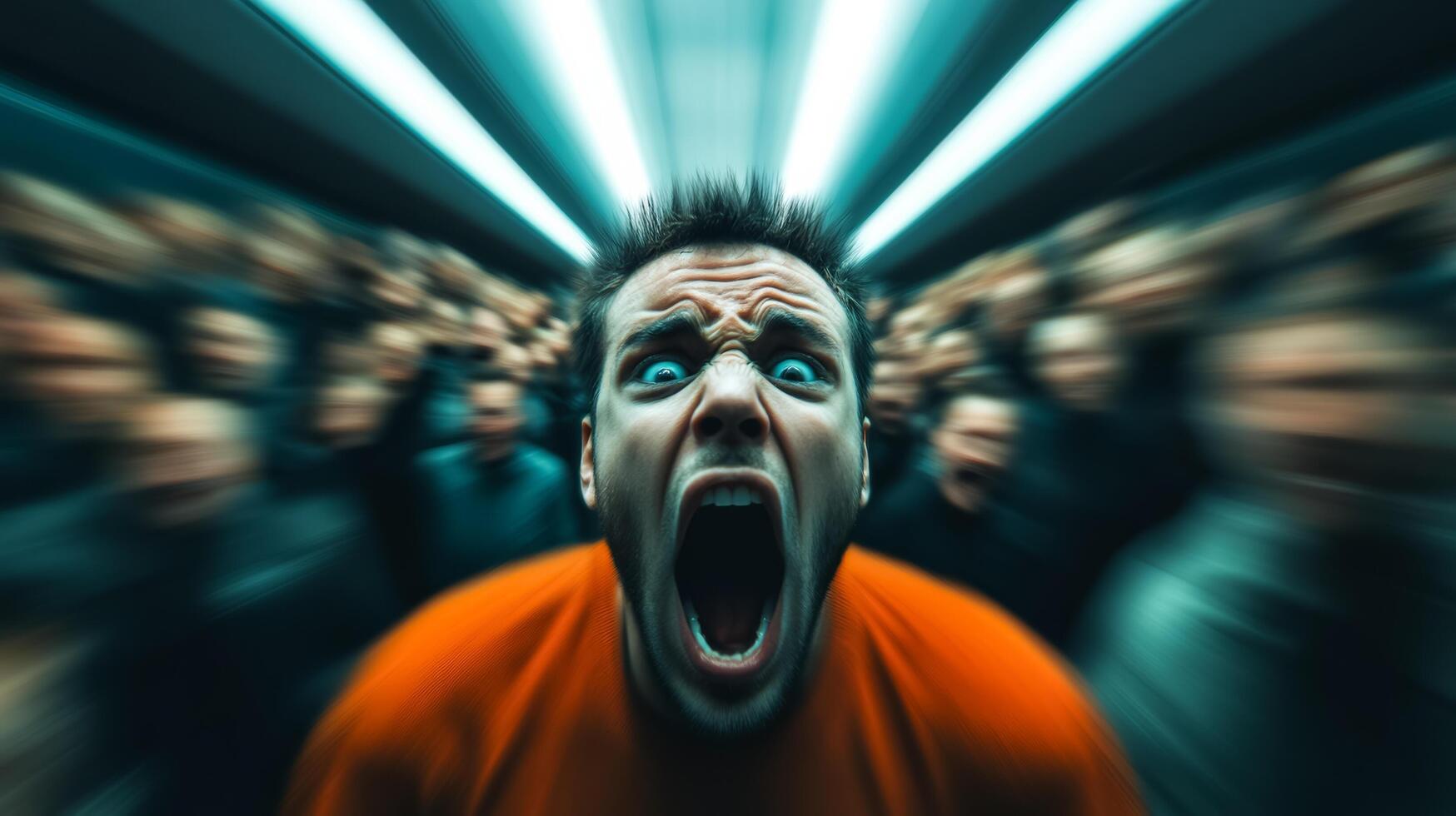 Wide angle shot of a person screaming in panic amidst a large crowd with the crowds faces blurred creating a sense of isolation photo