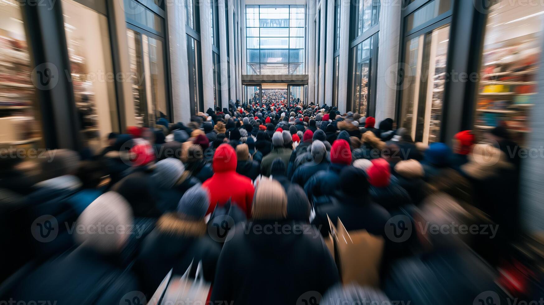 Wide angle shot of a chaotic Black Friday rush at a store entrance with a crowd of customers pushing through the doors holding shopping bags and boxes faces filled with excitement and urgency photo