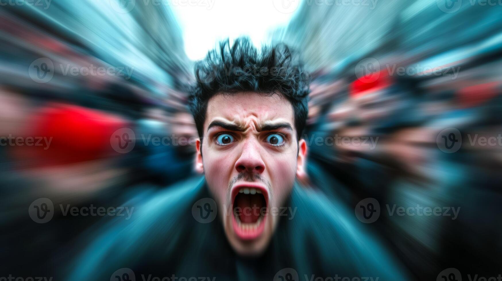 A person being jostled in a crowded space expression of panic with motion blur on the crowd to emphasize the chaos and fear photo