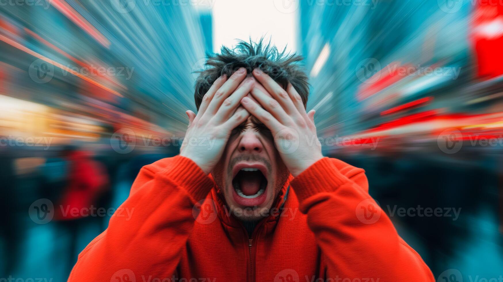 A person clutching their head in panic surrounded by a bustling crowd their figure in sharp focus while the crowd is motion blurred photo