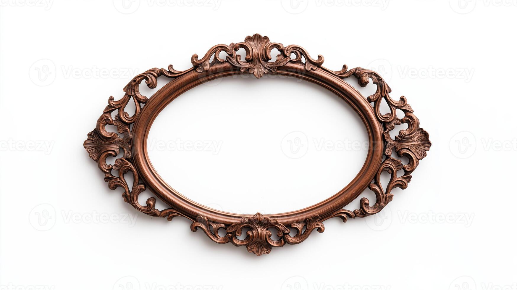 Wide angle shot of a vintage oval shaped picture frame with elaborate carvings and patina featuring baroque style scrolls and leaves isolated on a pure white background photo