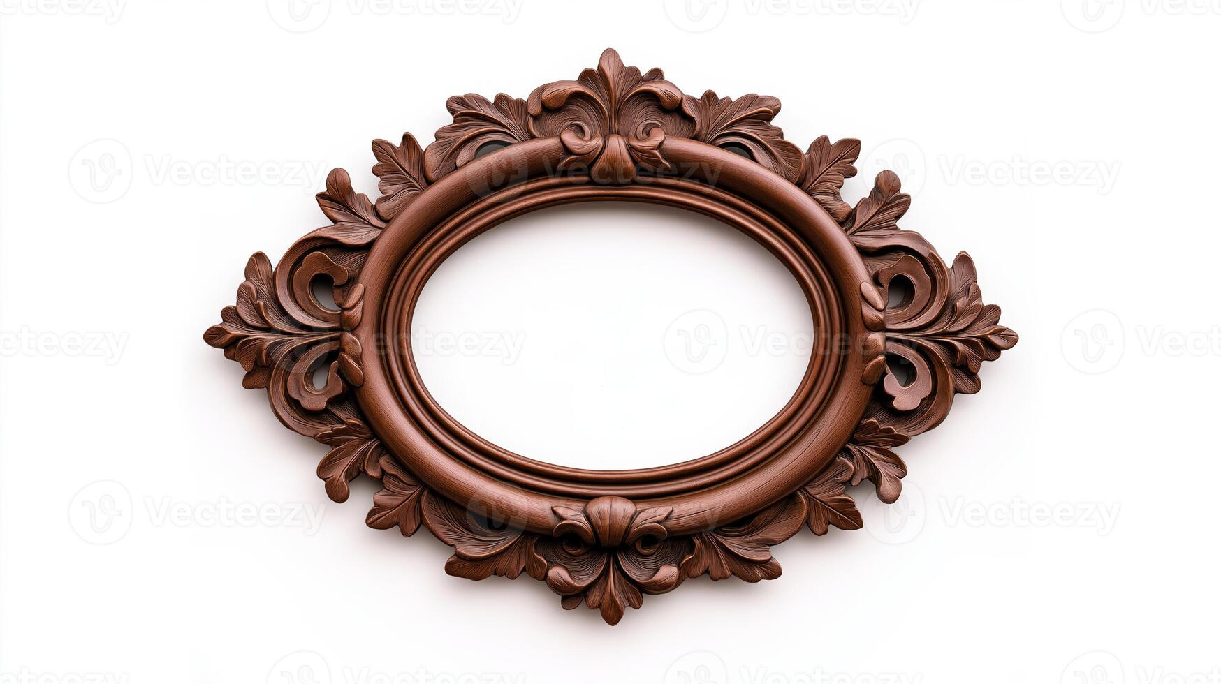 Wide angle shot of a vintage oval shaped picture frame with elaborate carvings and patina featuring baroque style scrolls and leaves isolated on a pure white background photo