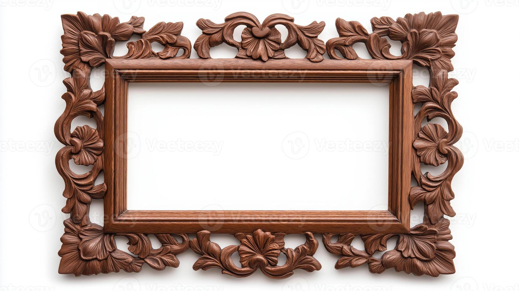 Wide angle shot of a vintage wooden picture frame with elaborate carvings and a deep mahogany finish isolated on a white background showcasing its rich texture and detail photo