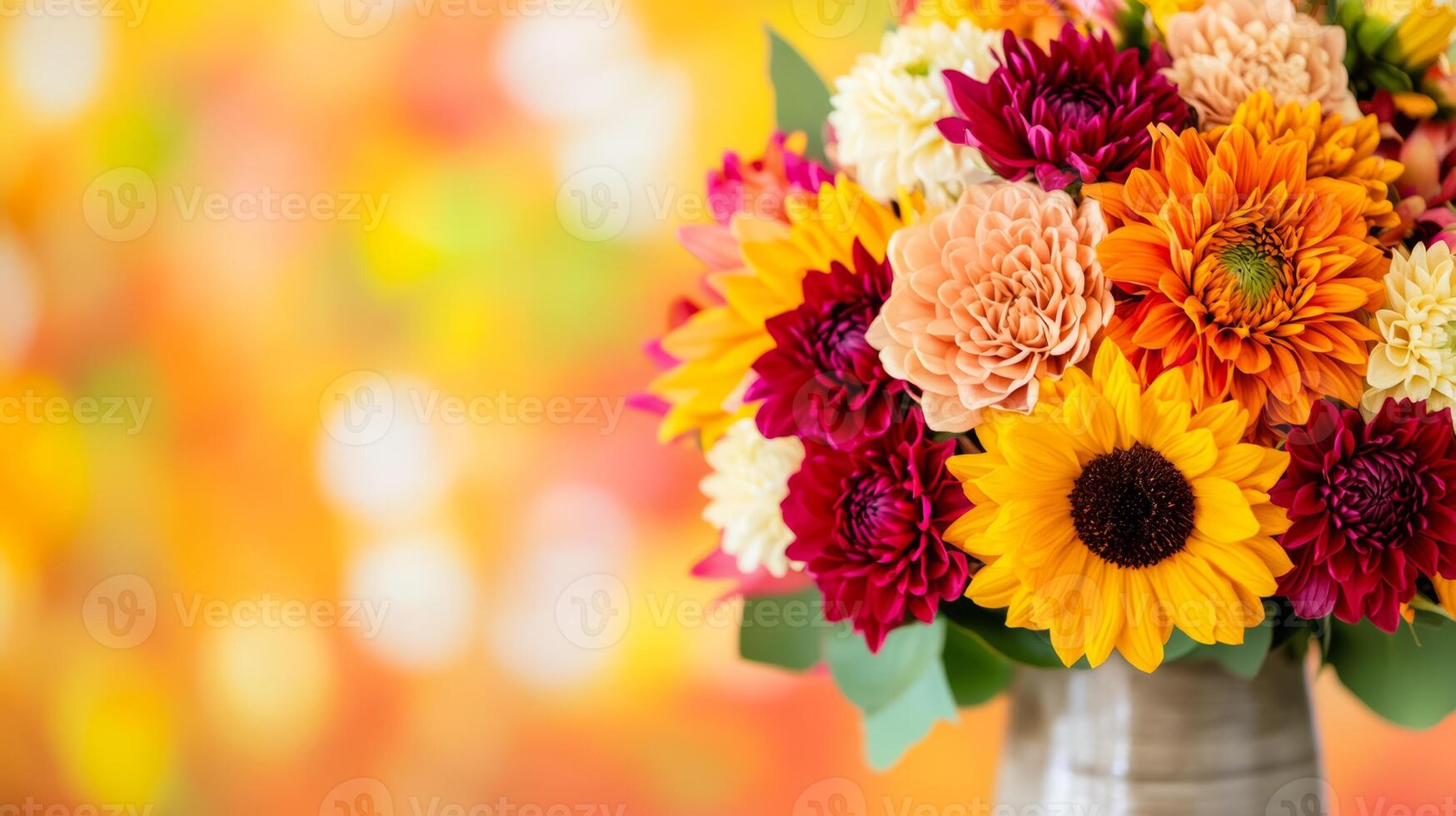 Close up of a vibrant autumn bouquet with sunflowers dahlias and chrysanthemums in rich shades of orange red and yellow arranged in a rustic vase against a soft blurred background of fall foliage photo